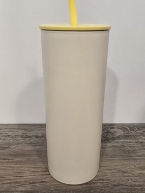 Cream Insulated Tumbler with Yellow Lid & Straw